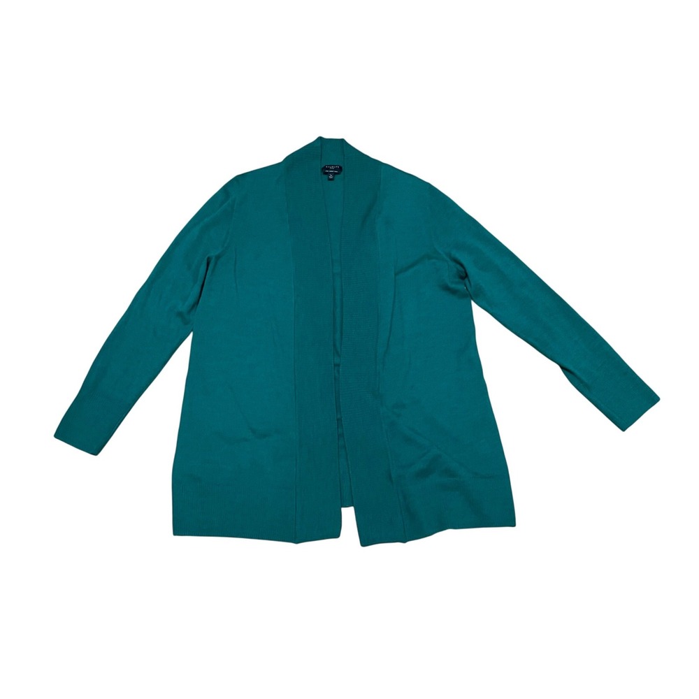 Talbots Womens Lg Petite Merino Wool Open Front Cardigan Teal Green Shawl Collar